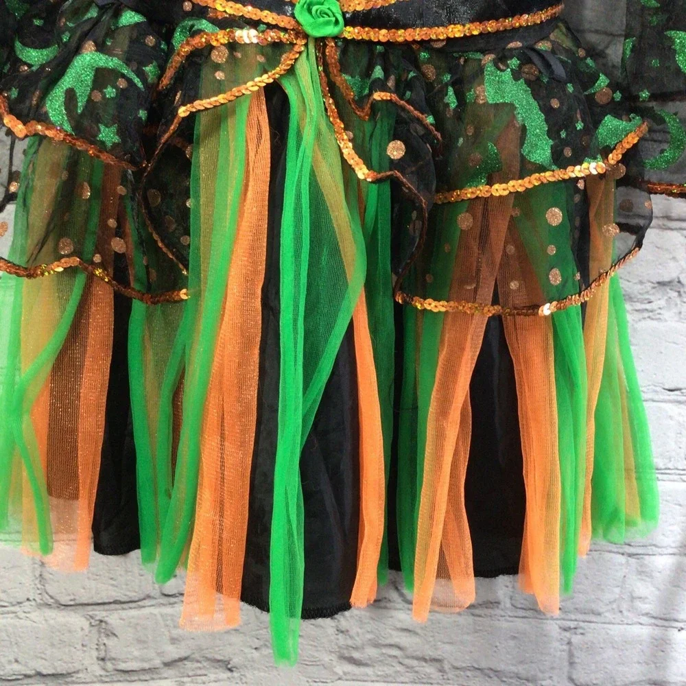 Teetot Witch Costume Girls Sz 5-6 Green Orange With Stockings‎ and Cape